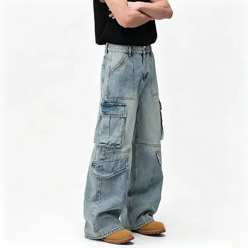 Mænds forår og sommer arbejdstøj design jeans med flere lommer Retrovaskede japanske og koreanske fritidsbukser Løse bukser med brede ben