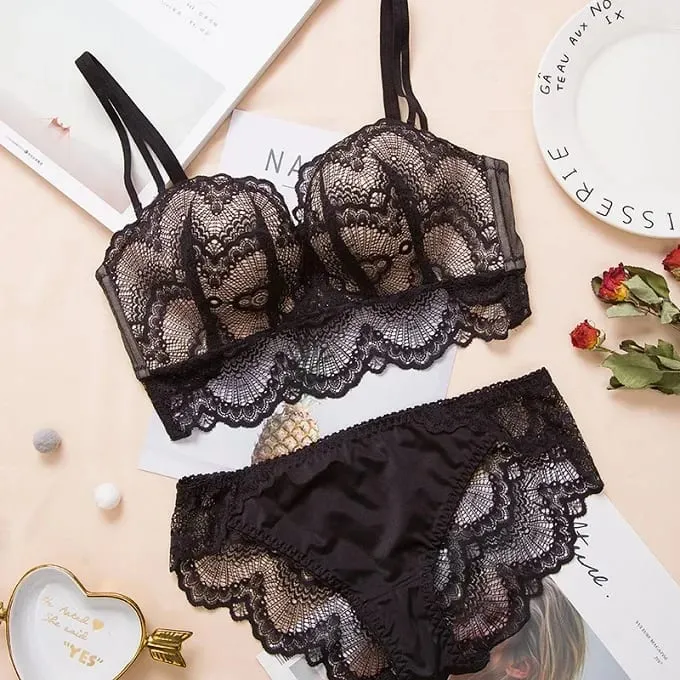 Set di lingerie sexy con reggiseno push up - Confortevole biancheria intima di pizzo senza fili, coppa per palmo per sollevamento 75°C/80°C/85°C — image 8