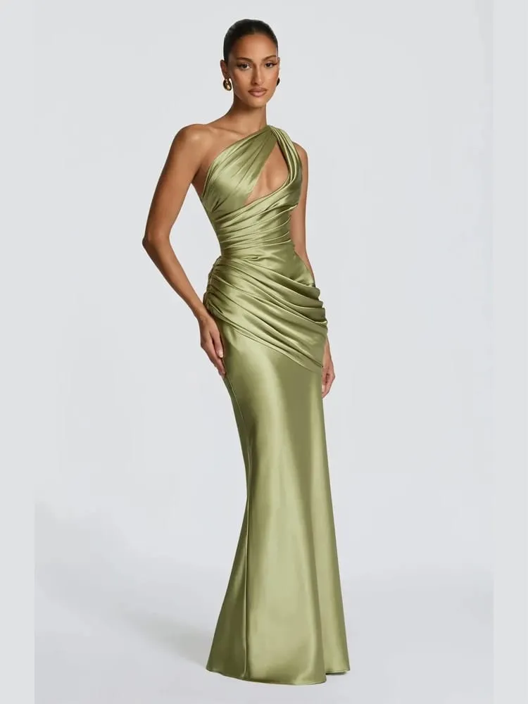 Cetim um ombro recorte vestido longo feminino elegante sólido ruched sereia ajuste fino flowy vestido 2026 senhora vestidos de noite verão — image 3