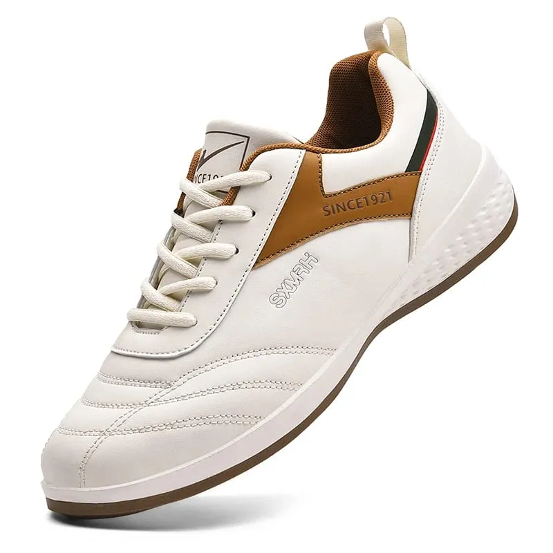Double Star Men's White Leather รองเท้าผ้าใบลำลองน้ำหนักเบาระบายอากาศได้ลื่นรองเท้ากีฬาที่เดิน