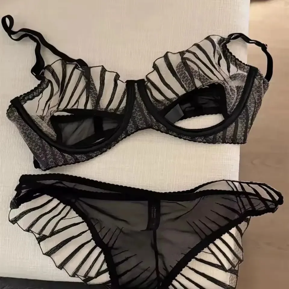 2-piece Women's Brief Sets Black Scallop Chest Cup Embroidered Lingerie Set Underwear Black Mesh Hot Unlined Minimizer Bra — image 6