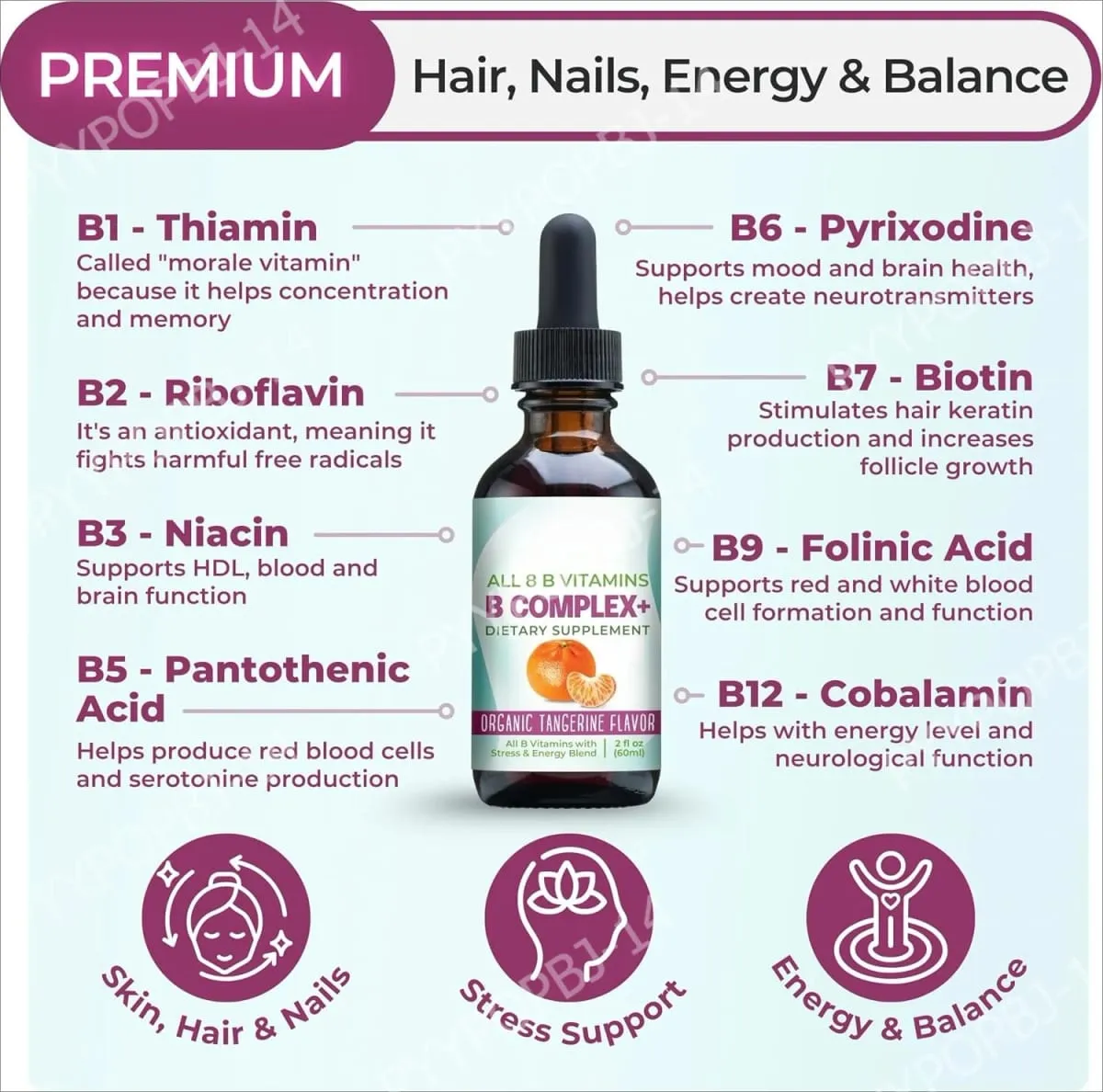 Vitamin-B-Komplex, flüssige Tropfen-Ergänzung, vegan, B1, B2, B3, B5, B6, Biotinfolat und Cholin plus Mischung zur Energieunterstützung, 60 ml