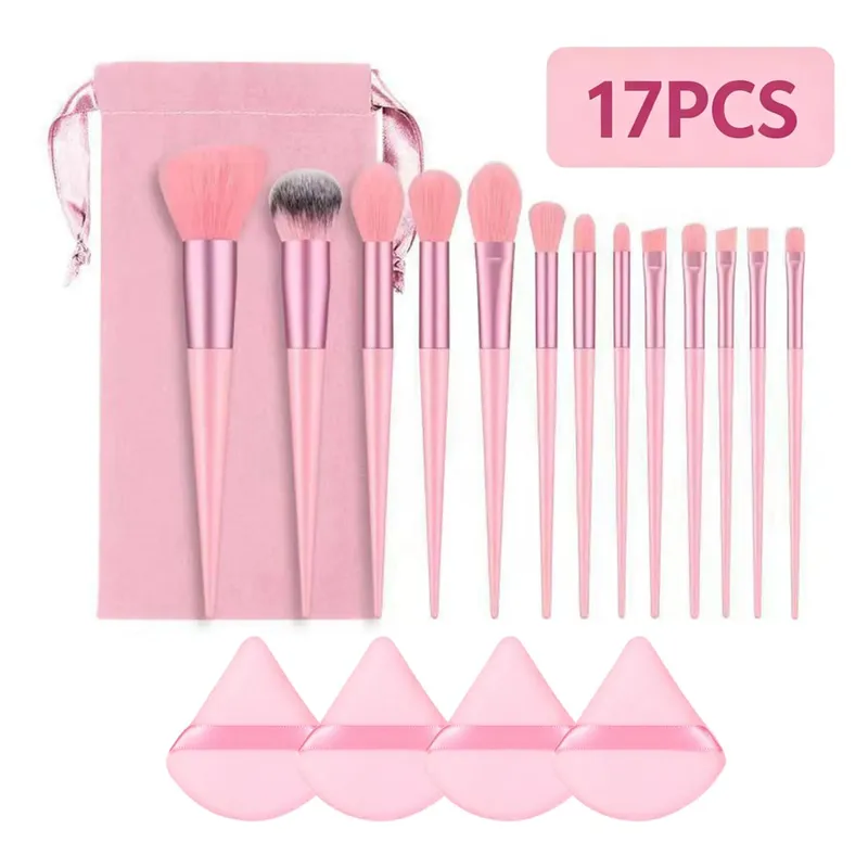 Conjunto de pincéis de maquiagem de 17 unidades com esponja - Pincéis Kabuki rosa macios e fofos para pó de base e sombra | Kit de beleza