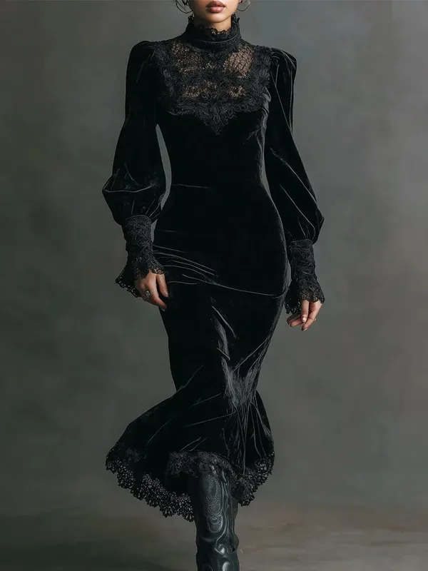 Retro Herbst Winter Samt Maxi Kleider Gothic Spitze Patchwork Bodycon Kleid Frauen Elegante Laterne Hülse Party Kleid Schlank