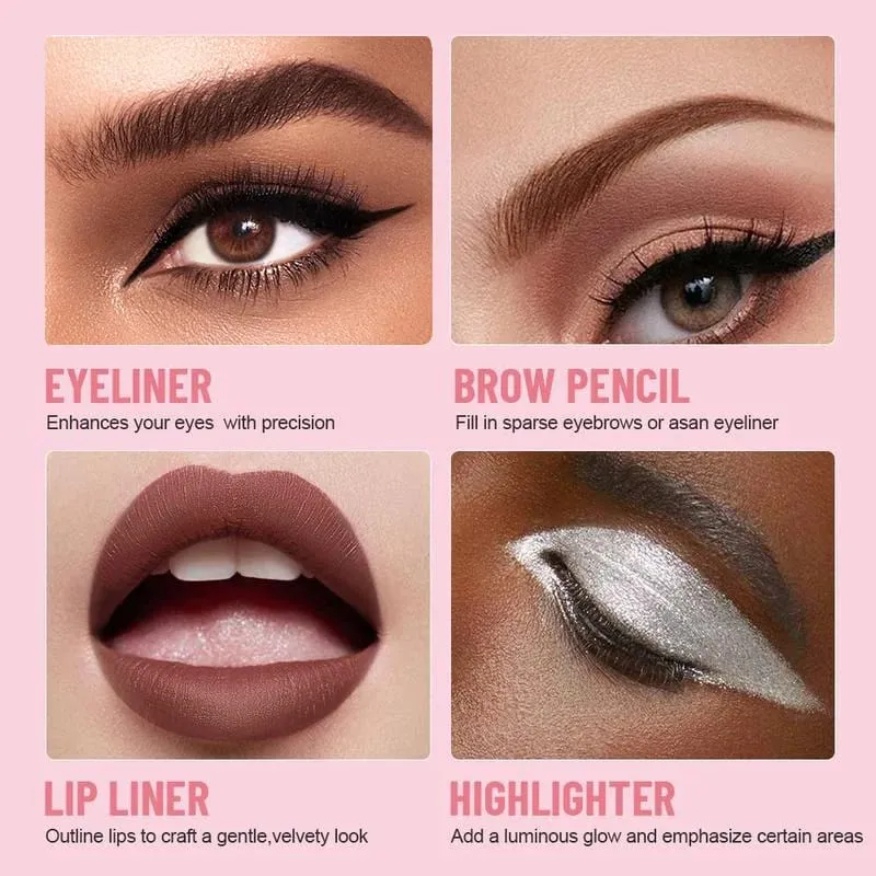 Pena Rias Multifungsi 4 In 1 Eyeliner Travel Kompak Penggaris Bibir Pensil Alis Pena Highlighter Set Rias Wajah — image 4