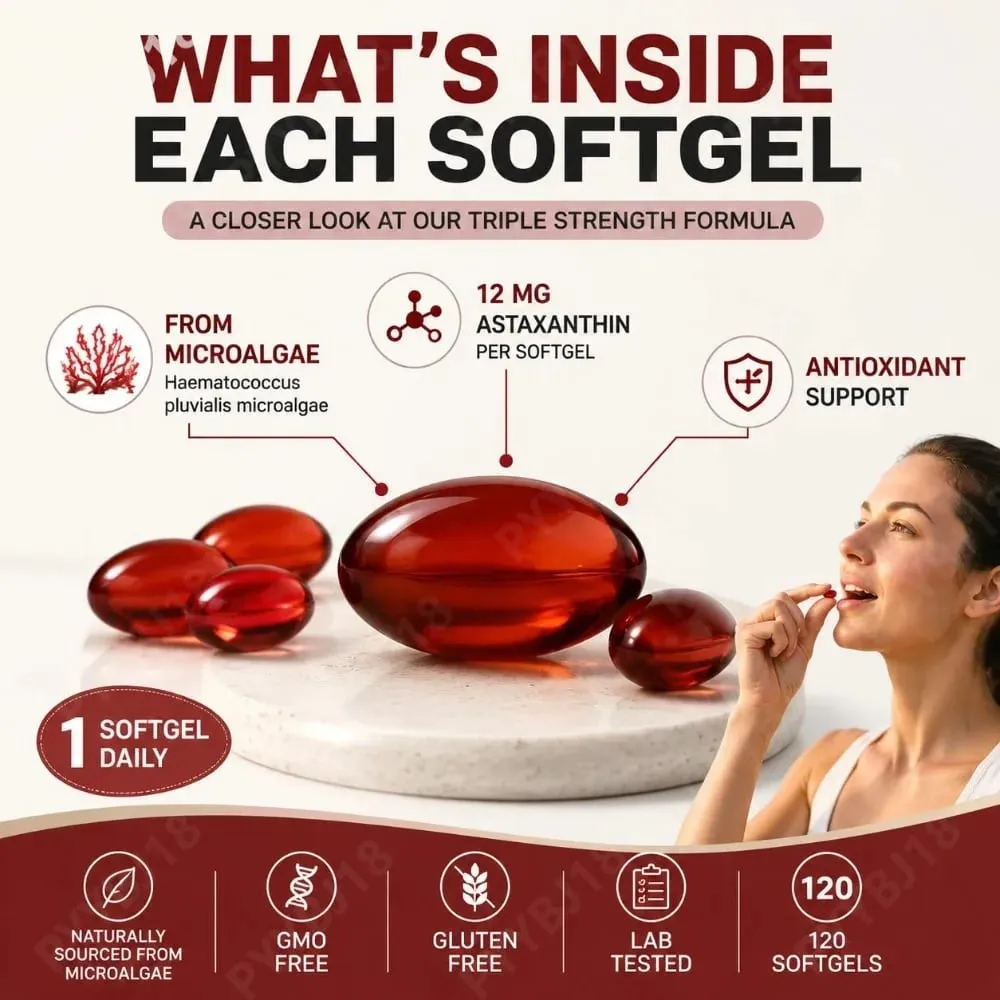 Astaxanthin 12mg měkké gely z mikrořas Triple Strength Antioxidant Supplement Cellular Wellness & Everyday Balance 120 Count — image 6