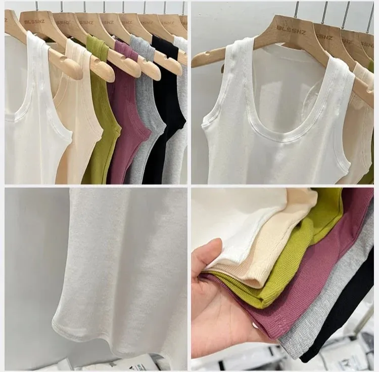 2026 Women Solid Low Round Neck Ribbed Camisole Summer Basic Elastic Tank Top Korean Style Versatile Slim Tanks & Camis — image 8