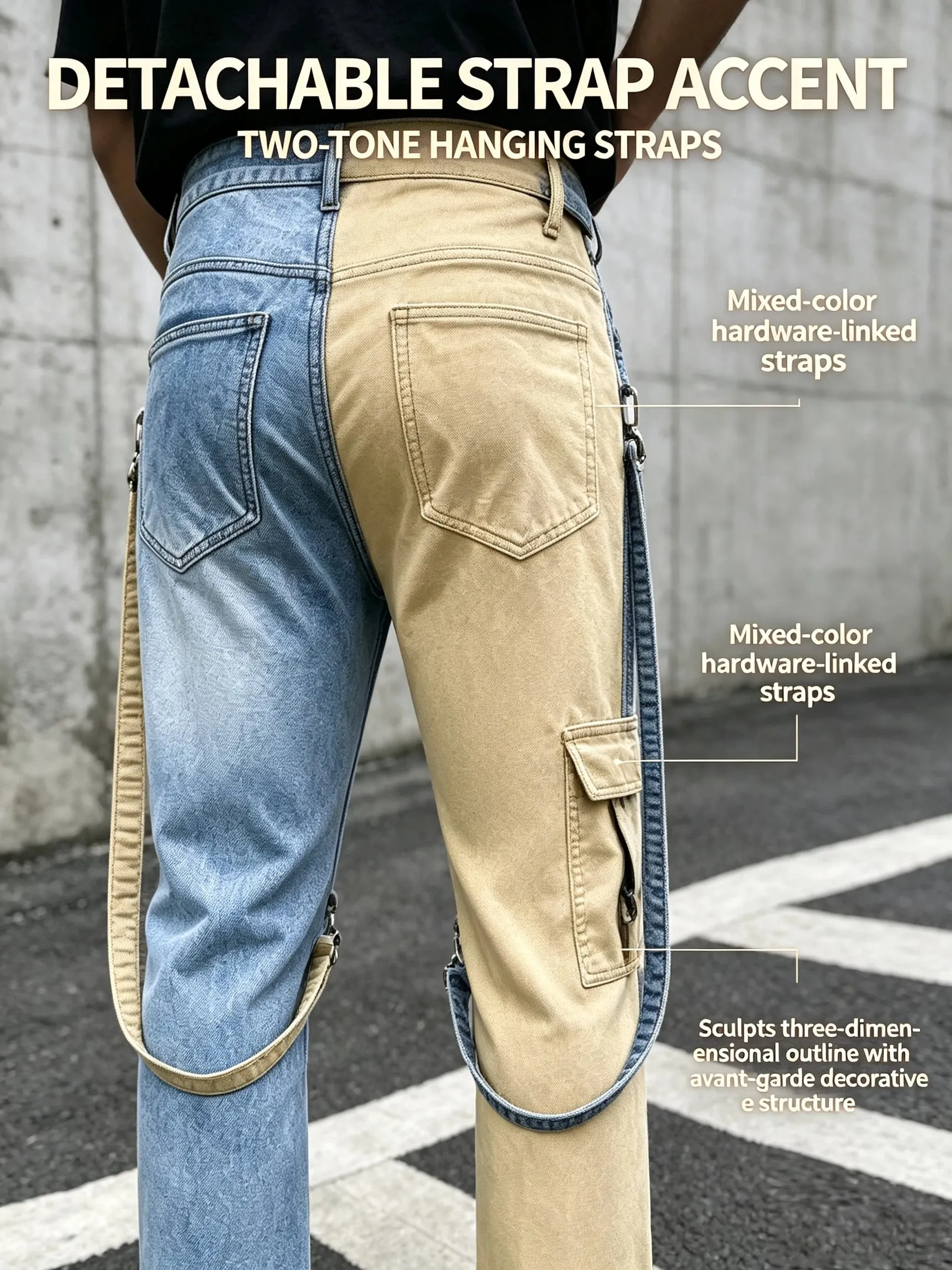 Y2K-Jeans für Herren, Techwear, Retro-Cargohose, ausgestellte Bootcut-Jeans, Kontrastfarbe, Spleißriemen, Streetwear-Denim-Hose — image 4