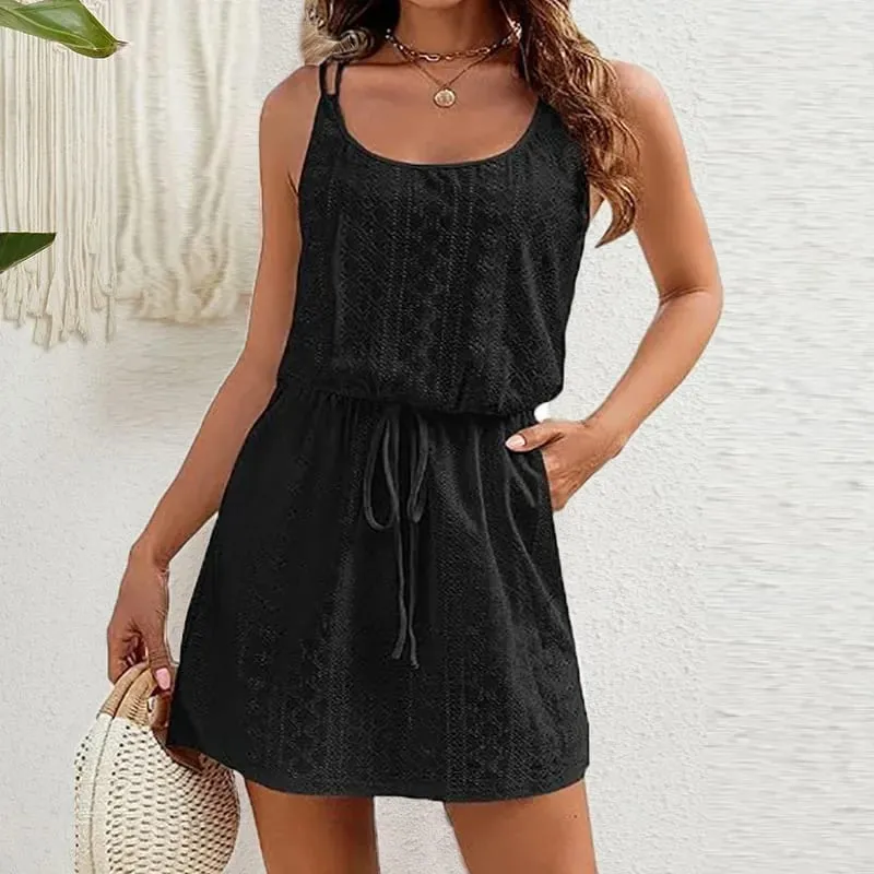 ฤดูร้อนมินิเดรสผู้หญิงลำลอง A-Line Drawstring Pocket Beach Holiday Dresses สำหรับผู้หญิงชุดสั้น Sundress สีขาว — image 2