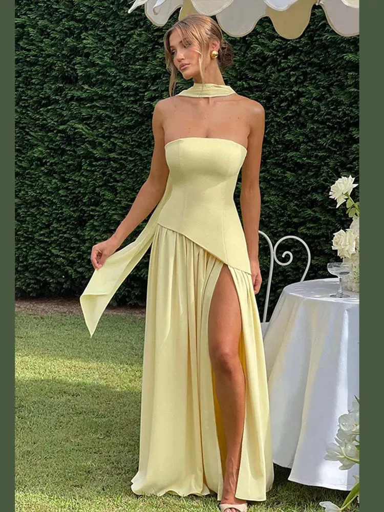 Botergeel Mesh Splicing Lange Jurk Elegante Strapless Split Backless Geplooide Jurken Voor Vrouwen 2026 Lady Avondfeest Jurken — image 3