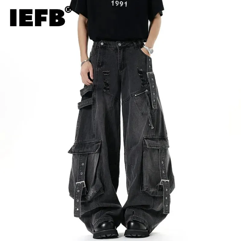 Amerikanische Herrenjeans, einfarbig, mit mehreren Taschen, lässige, abgenutzte Hosen, Dekonstruktion, weites Bein, Denim-Hosen 9W4066