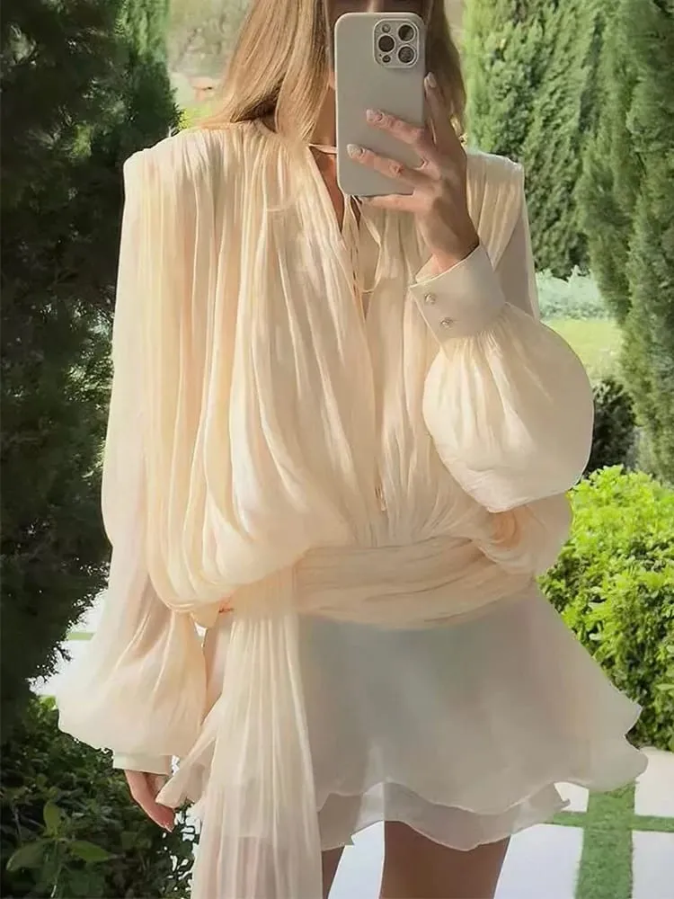 Solide Bluse Mini Kleider Für Frauen V-ausschnitt Langarm Verstärktes Spitze Up Süße Stil Kleid Weibliche Kleidung Mode — image 6