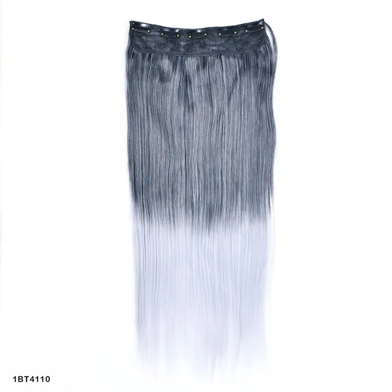 Clip in One Piece Wavy Synthetic Hair Extension Long Straight Synthetic Black Gray Color GreyHairpieces