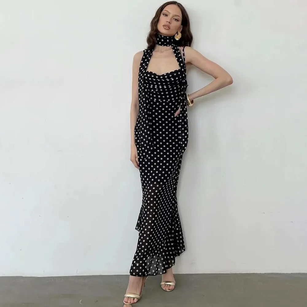 Tuularose Elegant Polka Dot Long Dress Summer Scarf Ribbon Ruffle Halter Pleated Dress Luxury Sleeveless Women's Evening Dresses — image 4