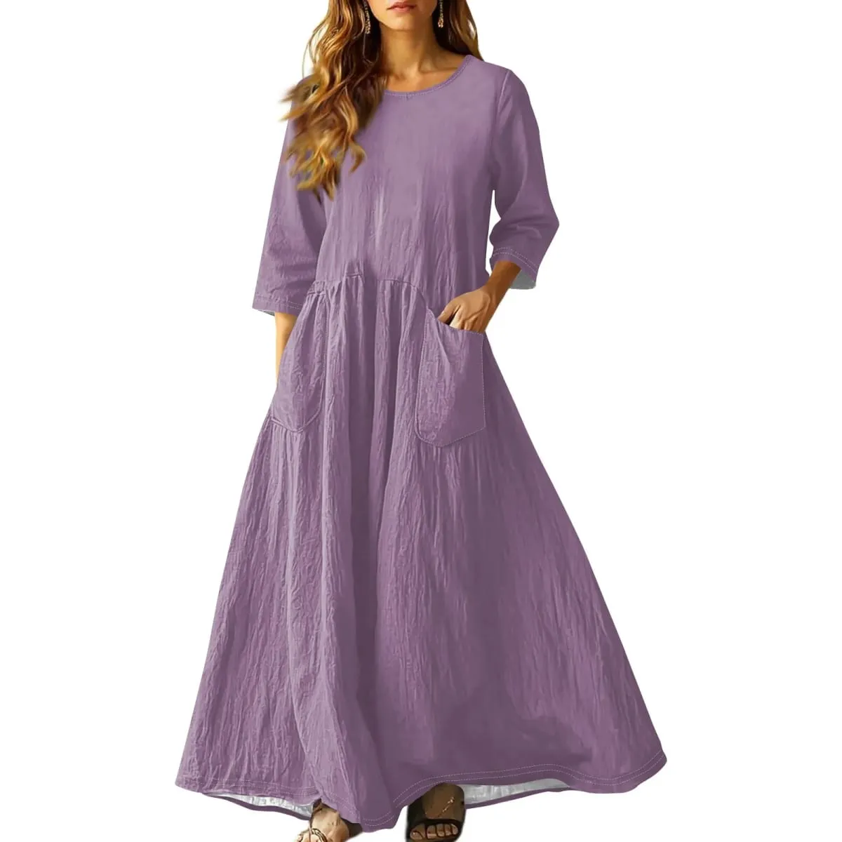 Gaun Panjang Longgar Musim Panas Wanita Warna Pejal Lengan Tiga Suku Gaun Poket Berganda Gaun Linen Leher Bulat Longgar Vestidos — image 5
