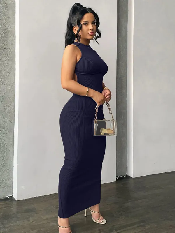Hugcitar Ribbed Solid Hollow Out Tanpa Belakang Tanpa Lengan Seksi Celah Pakaian Mini Bodycon 2025 Musim Bunga Pakaian Wanita Pesta Elegan Y2K — image 11
