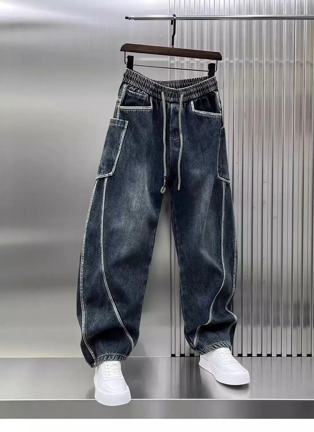 Spring Autumn 2025 New Splicing Cutting Elastic Waist Large Size Boys Washed Loose Wide Leg Big Pocket Scimitar Drawstring Jeans — image 7