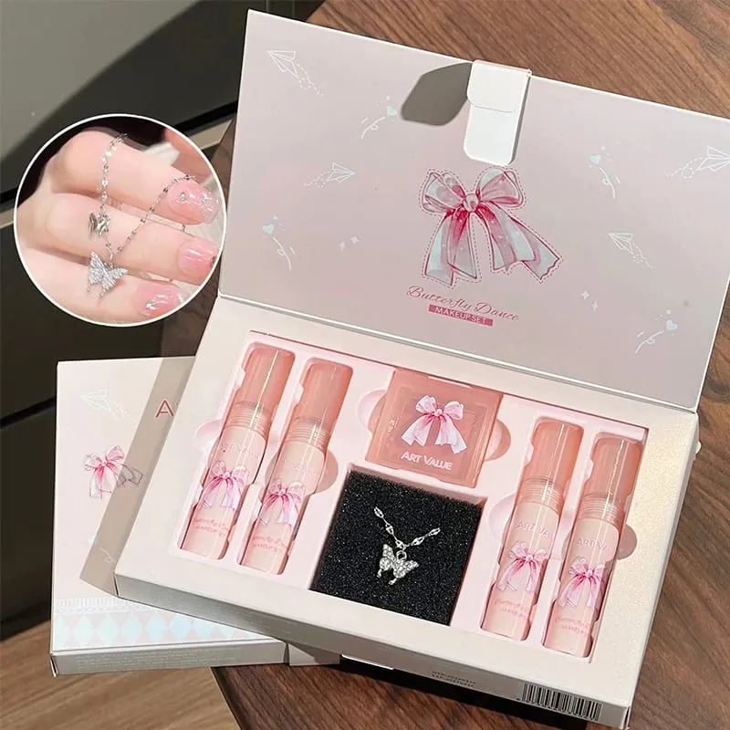 KUNSTVÆRDI 6 stk Makeup Sæt inkluderer 4 stk Velvet Nude mat flydende læbestift og 1 stk ansigts blush palette med halskæde gave kosmetik — image 2