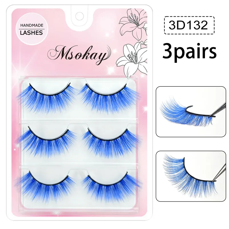 3 คู่สายรุ้งสีขนตาสีน้ำตาลคอสเพลย์ขนตาปลอมสีบลอนด์แต่งหน้า Eye Lashes สีสันสีฟ้าฮาโลวีนมังสวิรัติ Cilias