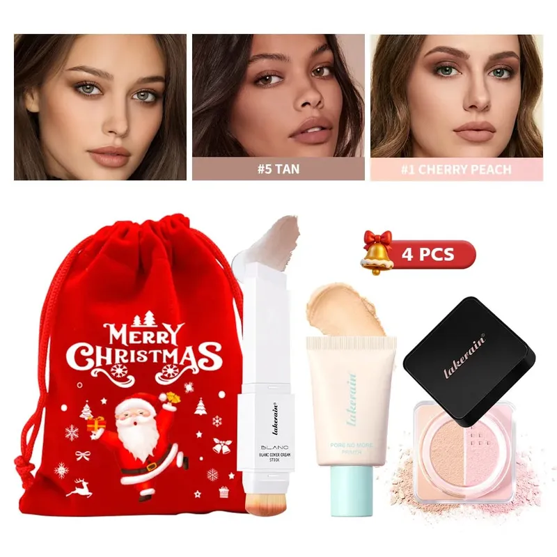 4 stk Ansigtsmakeup Sæt Foundation Stick Pore No More Primer Loose Setting Powder Langtidsholdbar mat Begynder Makeup Julegave — image 10