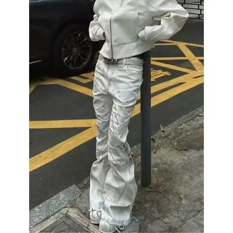 Jean évasé rétro américain Y2K pour femmes, pantalon en Denim blanc délavé, Patchwork, Vintage Hrajuku Punk, taille haute, Slim, Streetwear — image 2
