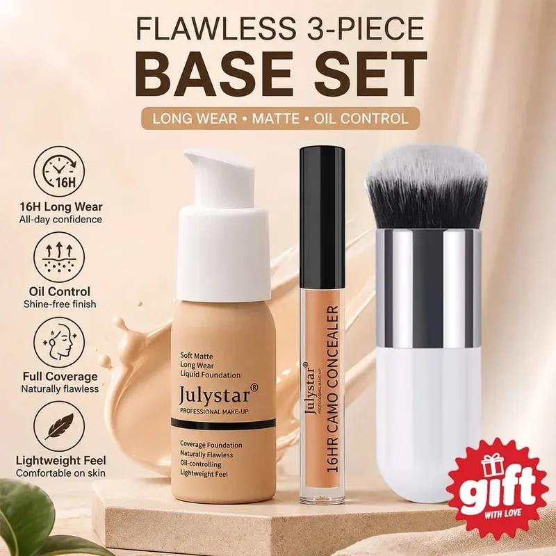 ชุดแต่งหน้าพื้นฐาน 3 ชิ้น แปรงรองพื้นและคอนซีลเลอร์ฟรี Matte 16H Oil-Control Lightweight Full-Coverage สำหรับใบหน้ารายวันอย่างเป็นธรรมชาติ — image 1