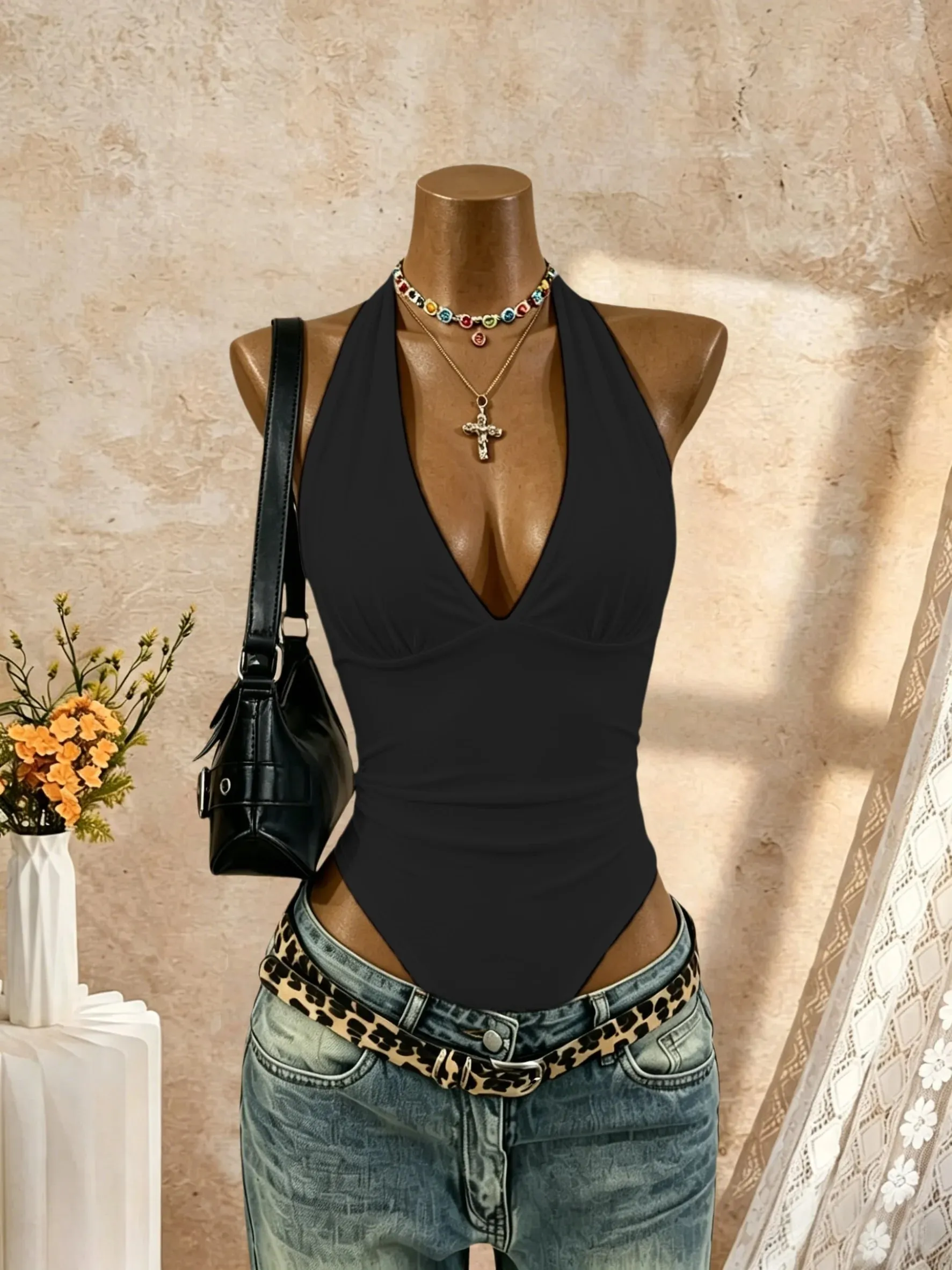 Γυναικείο κορμάκι Halter Deep V λαιμόκοψη μονόχρωμο αμάνικο μπλουζάκι μπροστινό λεπτή εφαρμογή Basic jumpsuit Tank Top