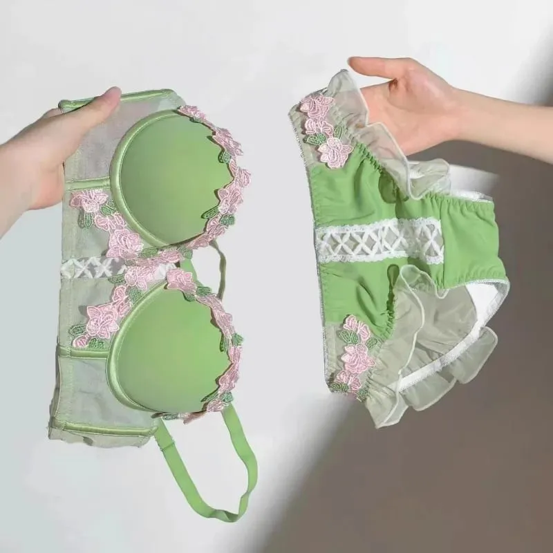 빅토리아 시대 속옷 세트 - 섬세한 크림색 브라렛, 꽃무늬 스티치 복고풍 스윗하트 네크라인으로 작은 가슴의 우아함을 선사