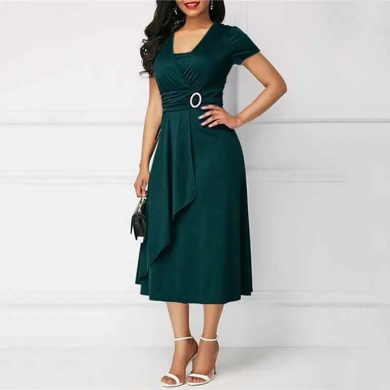 We.Fine Kleid Frauen Einfarbig Kurzarm V-ausschnitt Asymmetrischem Saum Taille Midi Party Kleid Elastische Weibliche Kleider Frau Vestidos — image 4