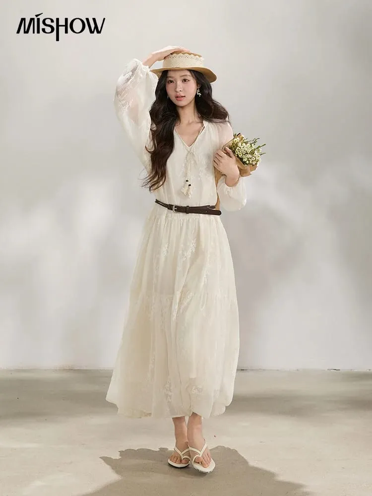 Robe Maxi brodée à manches longues avec ceinture, en mousseline de soie unie, à volants, col en V, cravate, couleur unie, printemps 2026, MXF14L2562 — image 5
