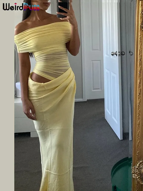 Weird Puss-vestido Irregular fruncido para mujer, vestido ceñido largo elegante de malla con retales y cuello oblicuo, manga corta, ajustado, elástico, tendencia elegante — image 8
