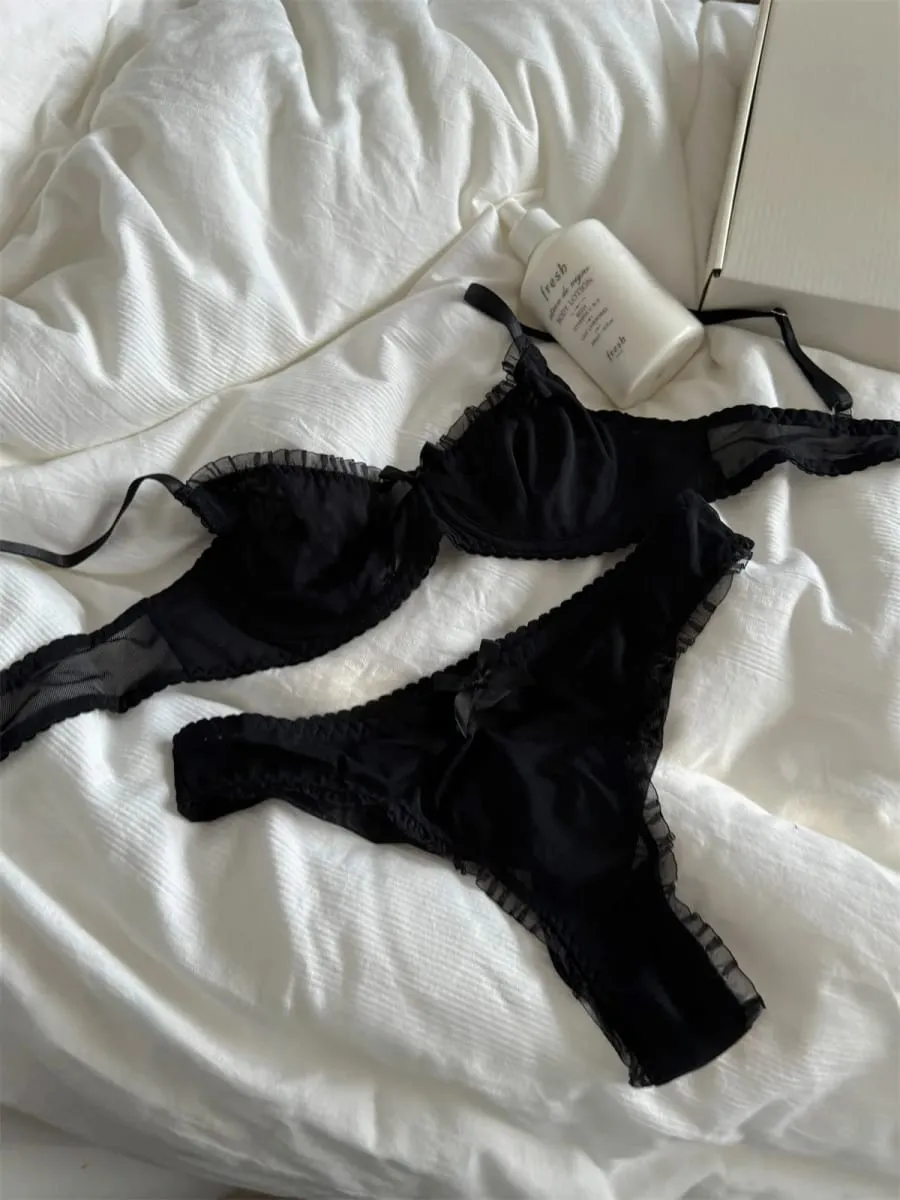 Lingerie en maille de dentelle noire, sous-vêtements, soutien-gorge fin, soutien-gorge rassemblé, gros seins, spectacle, petit ensemble de soutien-gorge — image 5