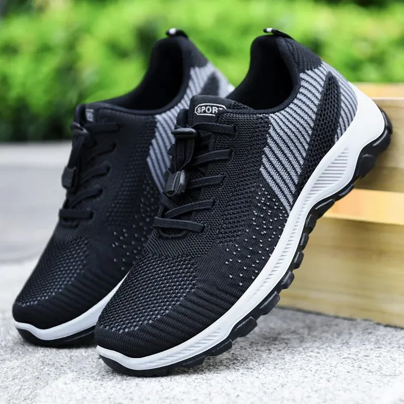 Sepatu kets olahraga berjalan luar ruangan sol tebal antiselip berenda cepat elastis pelatih rajutan jaring sejuk pria — image 4