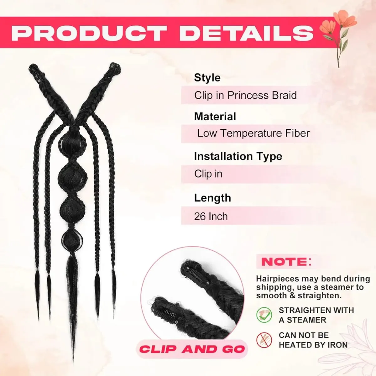 Synthetische Clip-in-Zopf-Haarverlängerungen – Boho-Festival-Prinzessin-Zopf-Haarverlängerung, Feen-Cosplay-Hochzeits-Haarteil für Frauen — image 3
