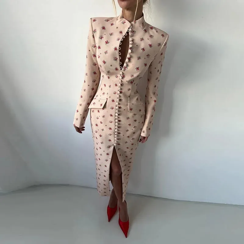 Robe Maxi fendue imprimée élégante pour femmes, Slim avec épaulettes, simple boutonnage, manches longues, nouvelle collection été 2026