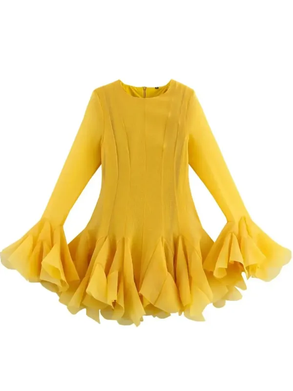 2026 Sommer Kvinders Elegante Flerlags Flæsede Kant-Minikjoler Dame Sød Fransk Stil Lange Flare-ærmer Slim Fit Puffy Robe