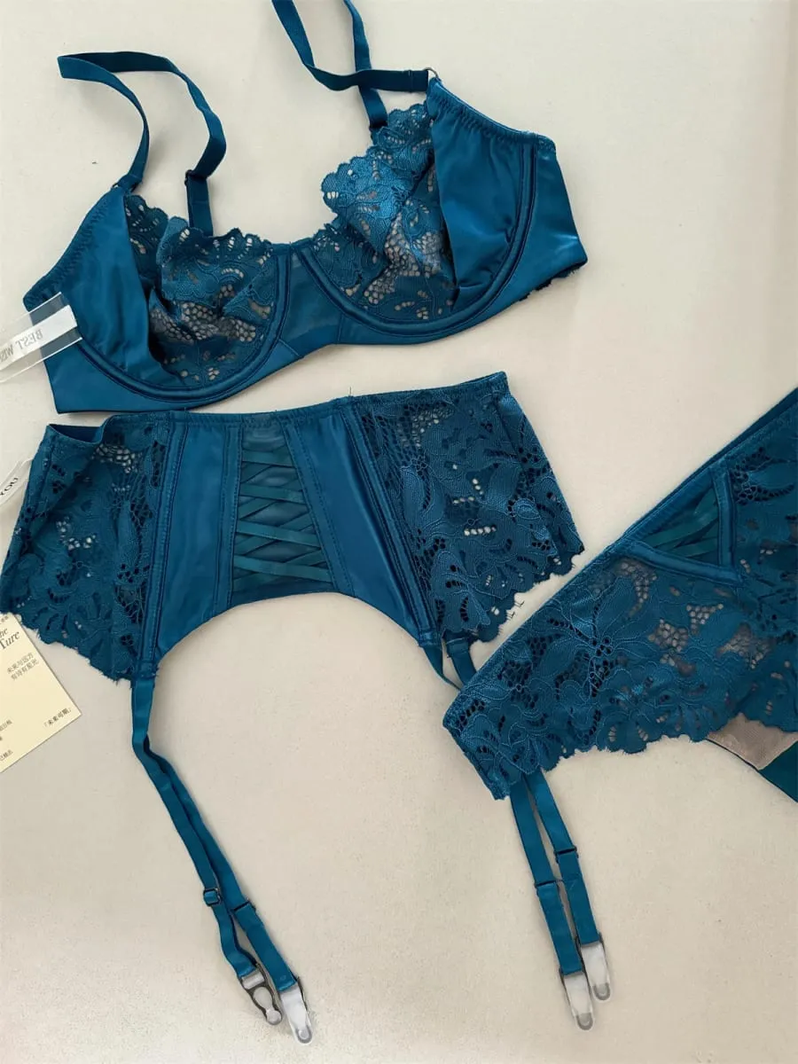 Satin three-piece thin section lingierie large breast underwear sexy lace bra breathable blue temperament underwear set — image 4