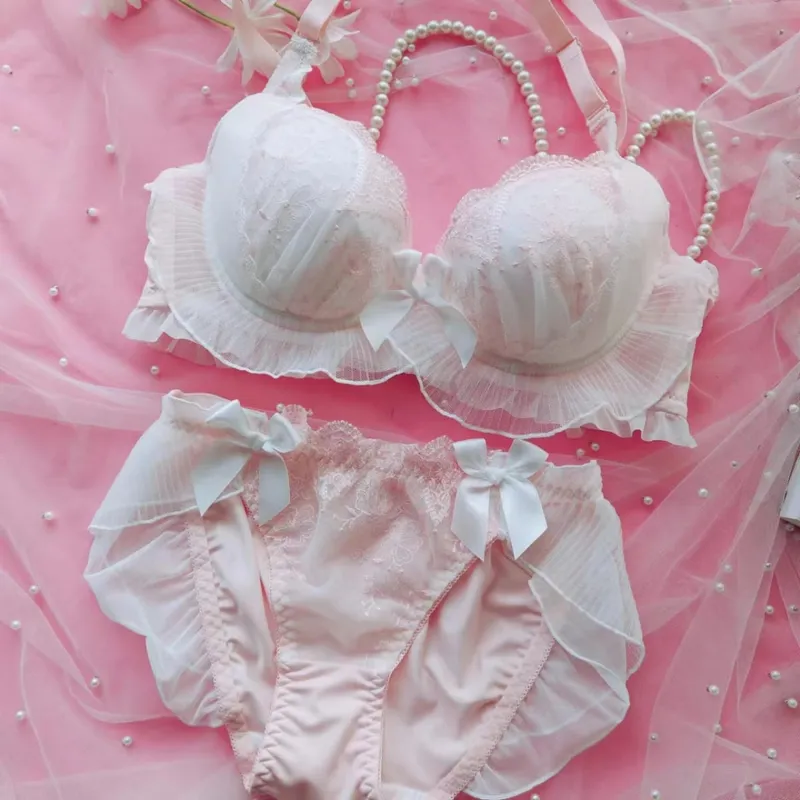 Embroidery thin section ruffled underwear girls sweet and lovely lingerie breifs sets three buckle gathered ladies bra set — image 3