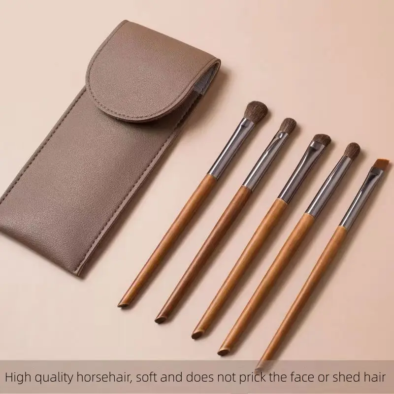 5-teiliges Pferdehaar-Lidschatten-Make-up-Pinsel-Set mit Tasche, Augenbrauen-Lidschatten-Mischpinsel, Make-up-Pinsel, Tierhaar-Make-up-Tools — image 1
