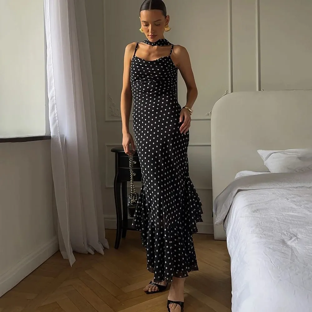 Tuularose Elegant Polka Dot Long Dress Summer Scarf Ribbon Ruffle Halter Pleated Dress Luxury Sleeveless Women's Evening Dresses — image 5