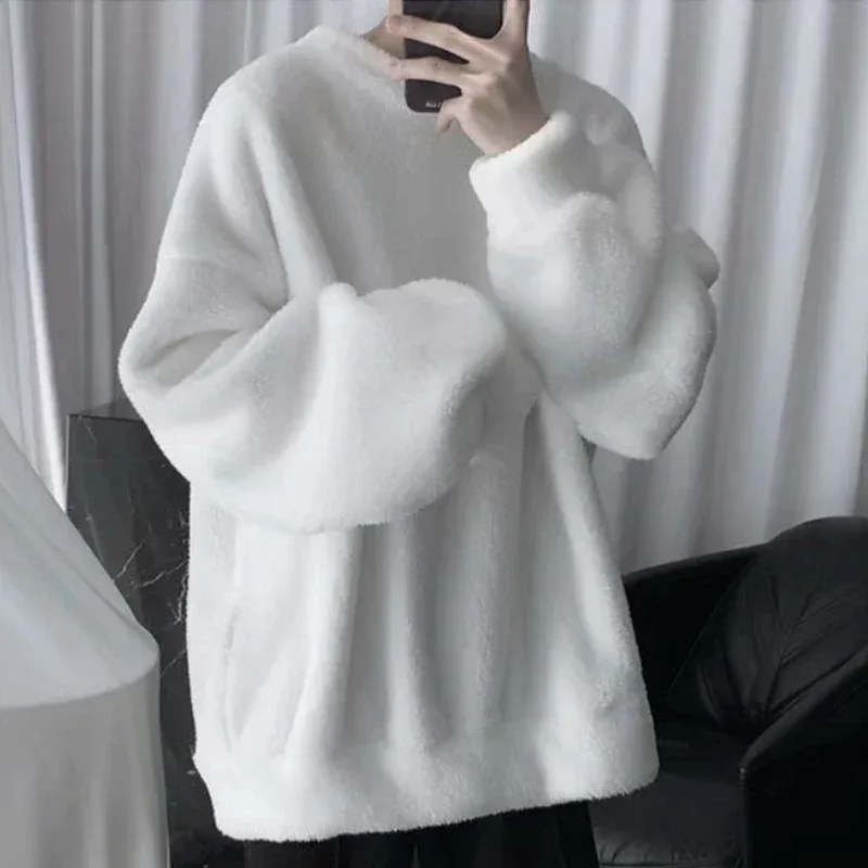Sudadera de gran tamaño de Color sólido con pelo de cordero y cuello redondo, sudadera de manga larga para hombre, sudaderas holgadas de moda coreana, ropa de calle Harajuku — image 2