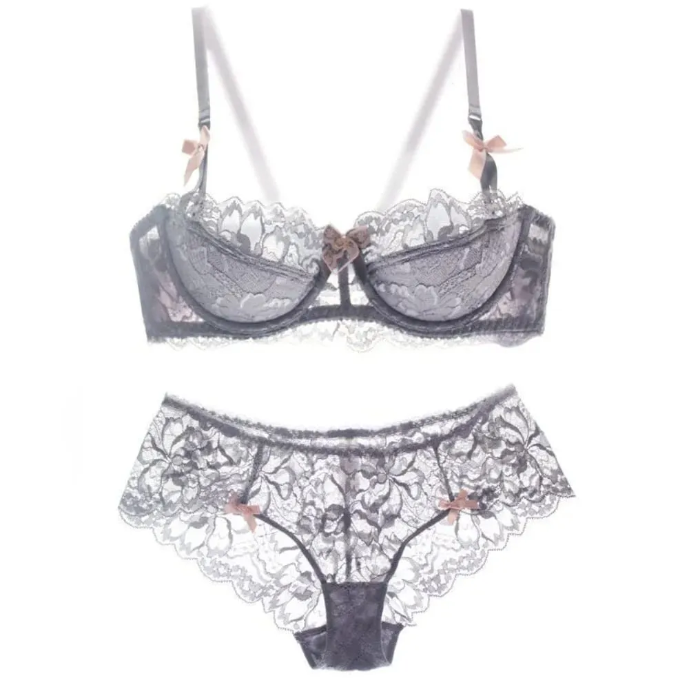 Franse Kant Half Cup Bh Set Strik Schouderriem Dunne Grote Buste Minimizer Pure Desire Lingerie Voor Tienermeisjes Dagelijkse Outfit — image 4