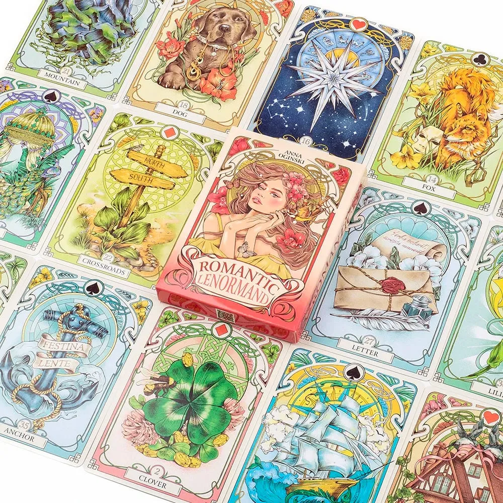 Romantische Lenormand-Orakelkarten, 37-teiliges Deck, 10,2 x 7,2 cm, englische Vision, Jugendstil-Blumenmotive für Party-Brettspiele — image 6