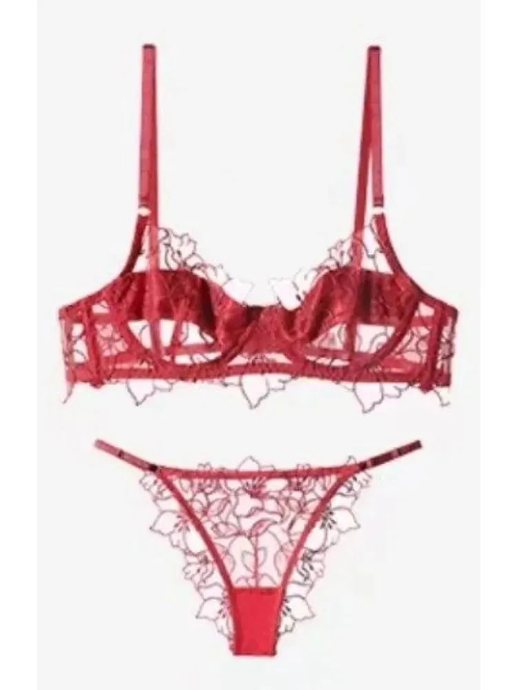 Set di lingerie in pizzo ricamato francese, busto grande, reggiseno dall'aspetto piccolo, senza ferretto, reggiseni trasparenti anti-cedimento per donna S-XL 32-38AB — image 1