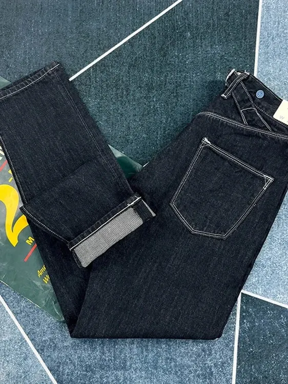 100% bawełna z tyłu paryska klamra wiosenne czarne proste dżinsy dla mężczyzn amerykański styl retro Casual japońskie wąskie, zwężane długie spodnie — image 4