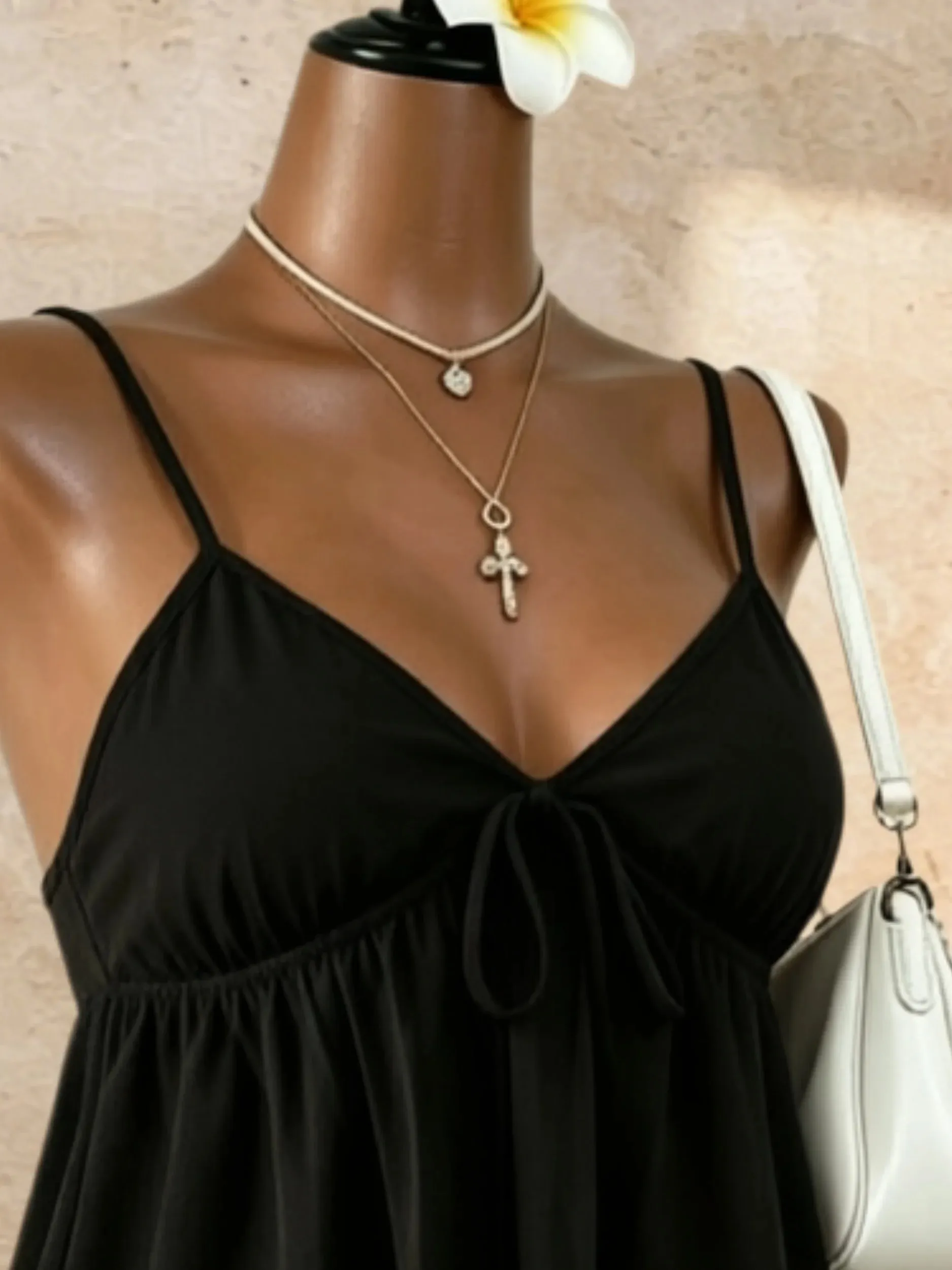 Women V Neck Spaghetti Strap Front Tie Ruched Waist Flared Peplum Cami Top 2026 Summer Y2K Solid Black Casual Beach Vacation Loo — image 4
