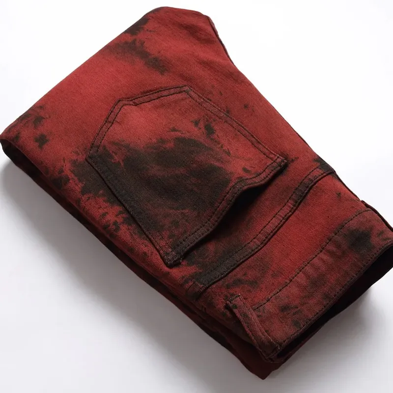 Men Tie and Dye Stretch Denim Jeans Brick Red Slim Straight Pants Streetwear Trousers — image 6