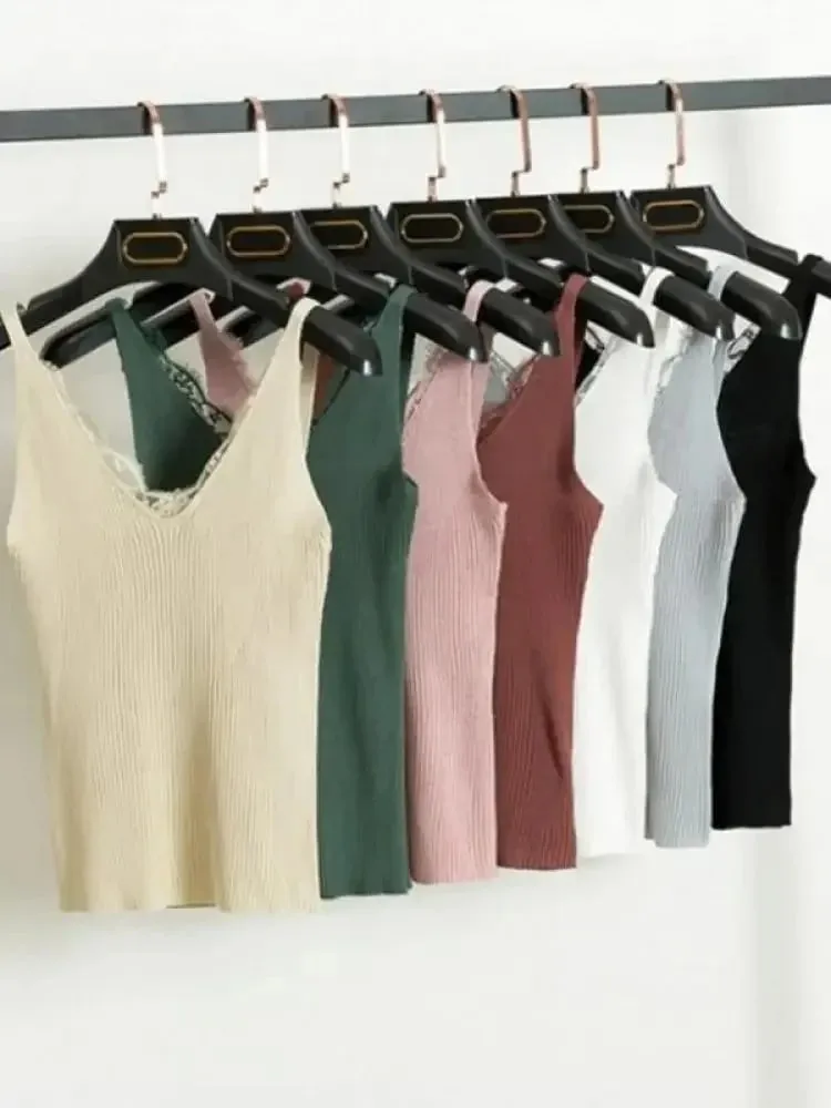 Baju Atasan Kasual Musim Panas 2026 Jahitan Pejal V-leher Camis Wanita Cangkuk Bunga Renda Tangki Wanita Rajutan Baju Tanpa Lengan Pendek Ramping