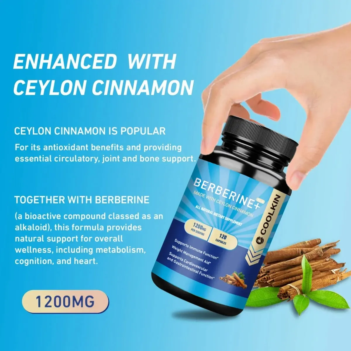 Premium Berberine HCl 1200 Mg Plus Organic Ceylon Cinnamon - Immune System Support Weight Management Supplement — image 5