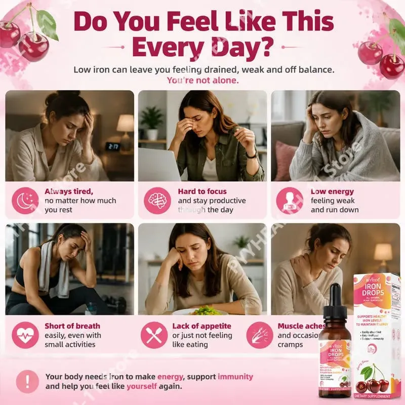 Supplément liquide Iron Drops 18 Mg (100% DV) Ferrochel Bisglycinate ferreux chélate Absorption facile Saveur cerise 60 ml
